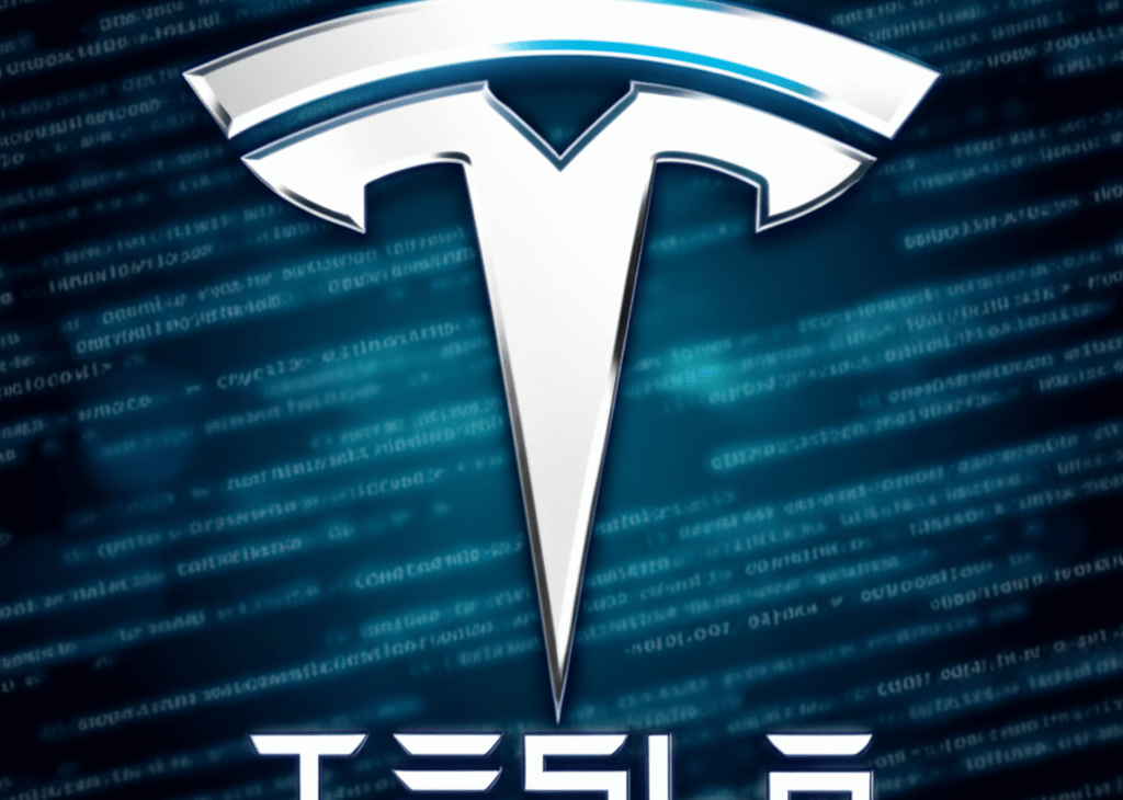 Tesla logo prominently displayed against a backdrop of blurred digital code, symbolizing the company's victory in a cybersquatting case involving online fraud.
