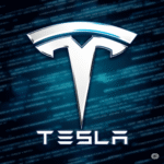 Tesla logo prominently displayed against a backdrop of blurred digital code, symbolizing the company's victory in a cybersquatting case involving online fraud.