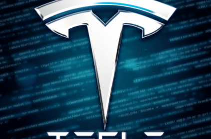 Tesla logo prominently displayed against a backdrop of blurred digital code, symbolizing the company's victory in a cybersquatting case involving online fraud.