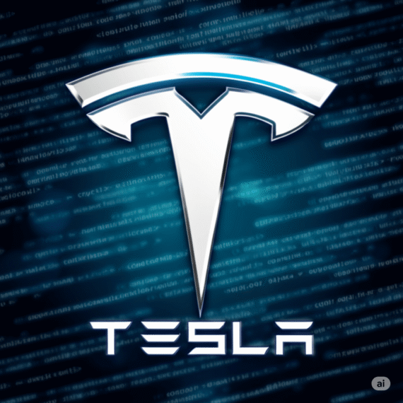 Tesla logo prominently displayed against a backdrop of blurred digital code, symbolizing the company's victory in a cybersquatting case involving online fraud.