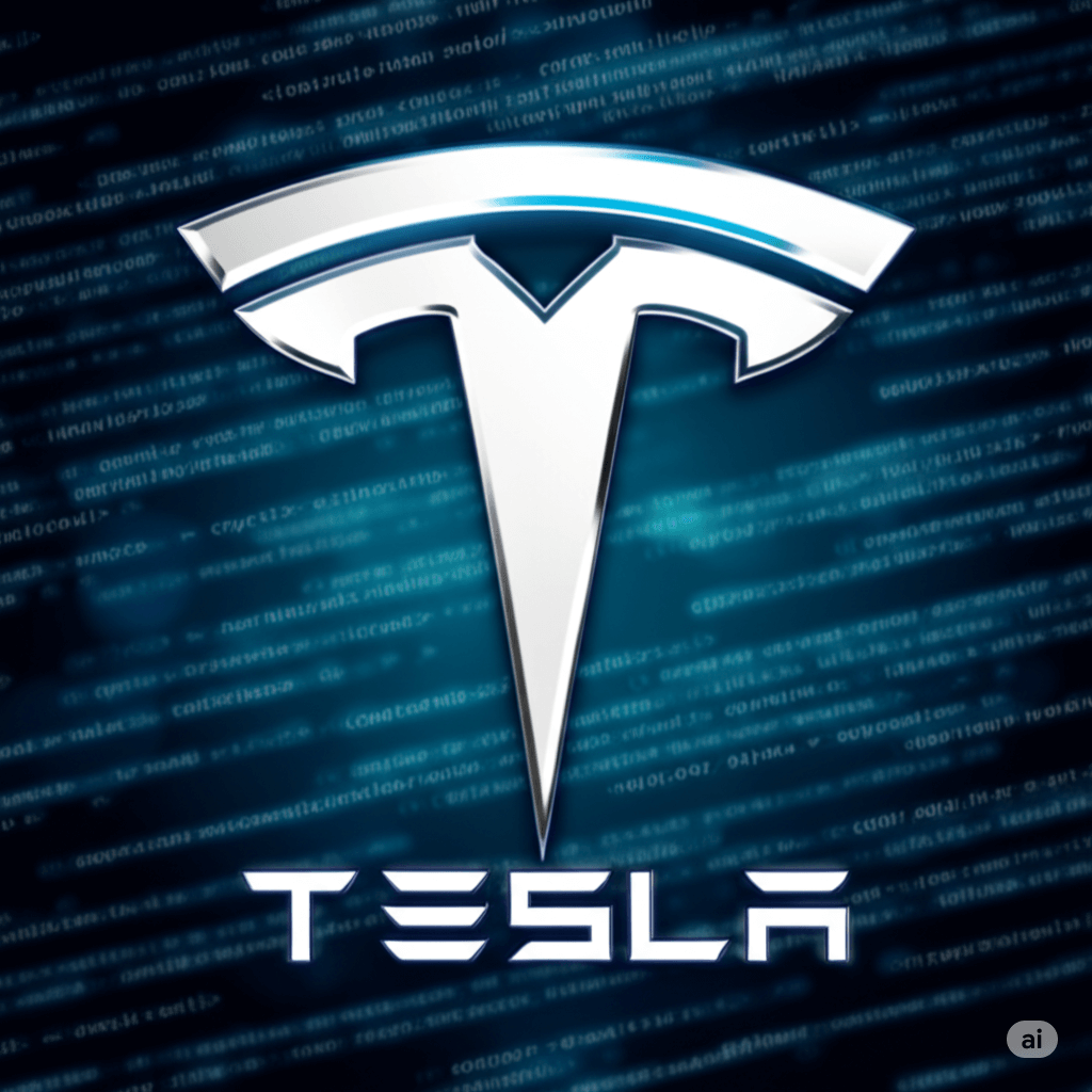 Tesla logo prominently displayed against a backdrop of blurred digital code, symbolizing the company's victory in a cybersquatting case involving online fraud.
