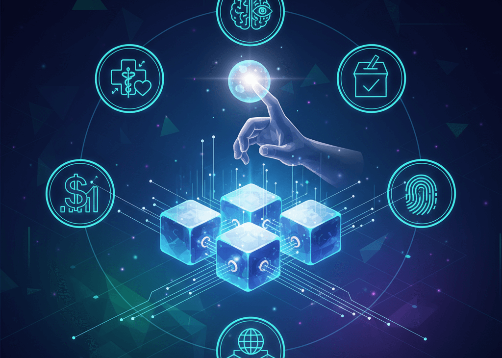 Illustration of blockchain technology in 2025 showing finance, healthcare, AI, supply chain, and voting icons
