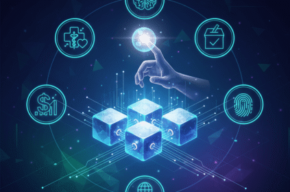Illustration of blockchain technology in 2025 showing finance, healthcare, AI, supply chain, and voting icons