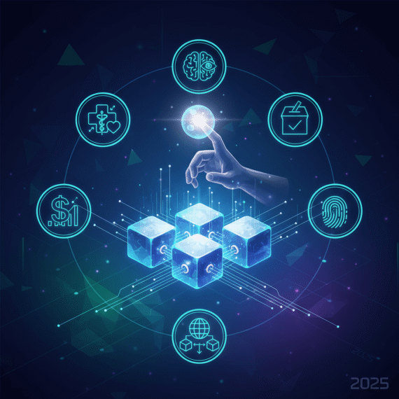 Illustration of blockchain technology in 2025 showing finance, healthcare, AI, supply chain, and voting icons