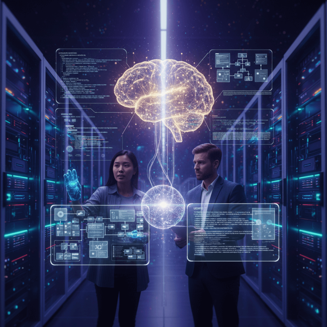 GenAI cloud app development visualized by a glowing brain and holographic code interfaces in a data center.