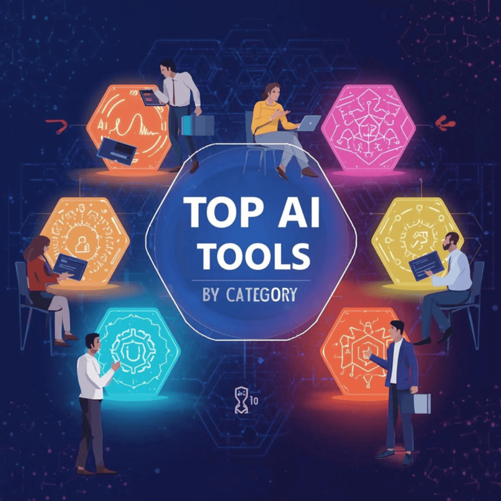 Visual representation of top AI tools by category, showing different professionals interacting with glowing hexagonal icons representing various AI applications like generative AI, healthcare, finance, and software development.