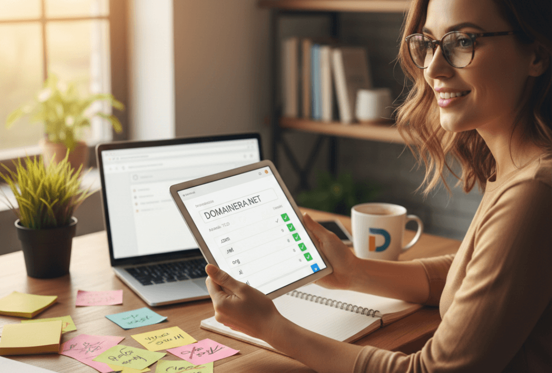 A smiling woman checking domain name availability on a tablet, surrounded by sticky notes with domain ideas.