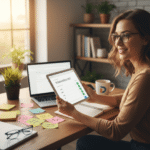 A smiling woman checking domain name availability on a tablet, surrounded by sticky notes with domain ideas.