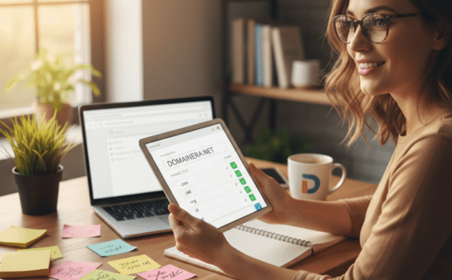 A smiling woman checking domain name availability on a tablet, surrounded by sticky notes with domain ideas.