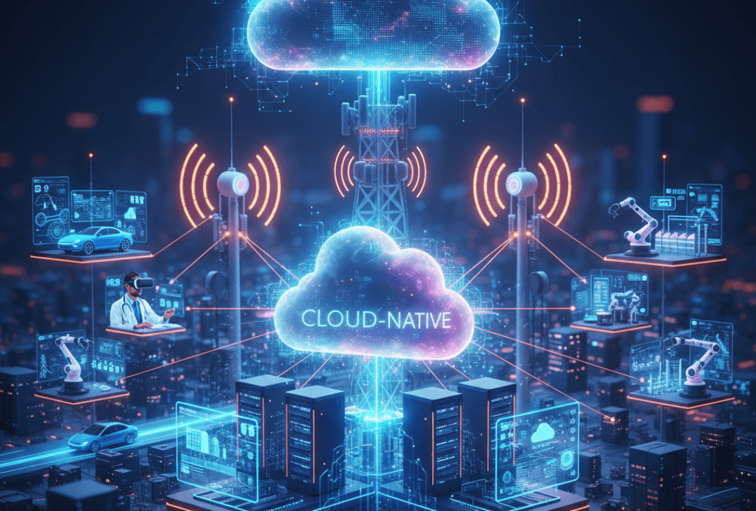 Stylized digital city with glowing connections, illustrating cloud infrastructure interacting with 5G towers, data centers, and various connected devices like cars, VR users, and robots, symbolizing cloud-native 5G.