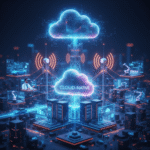 Stylized digital city with glowing connections, illustrating cloud infrastructure interacting with 5G towers, data centers, and various connected devices like cars, VR users, and robots, symbolizing cloud-native 5G.