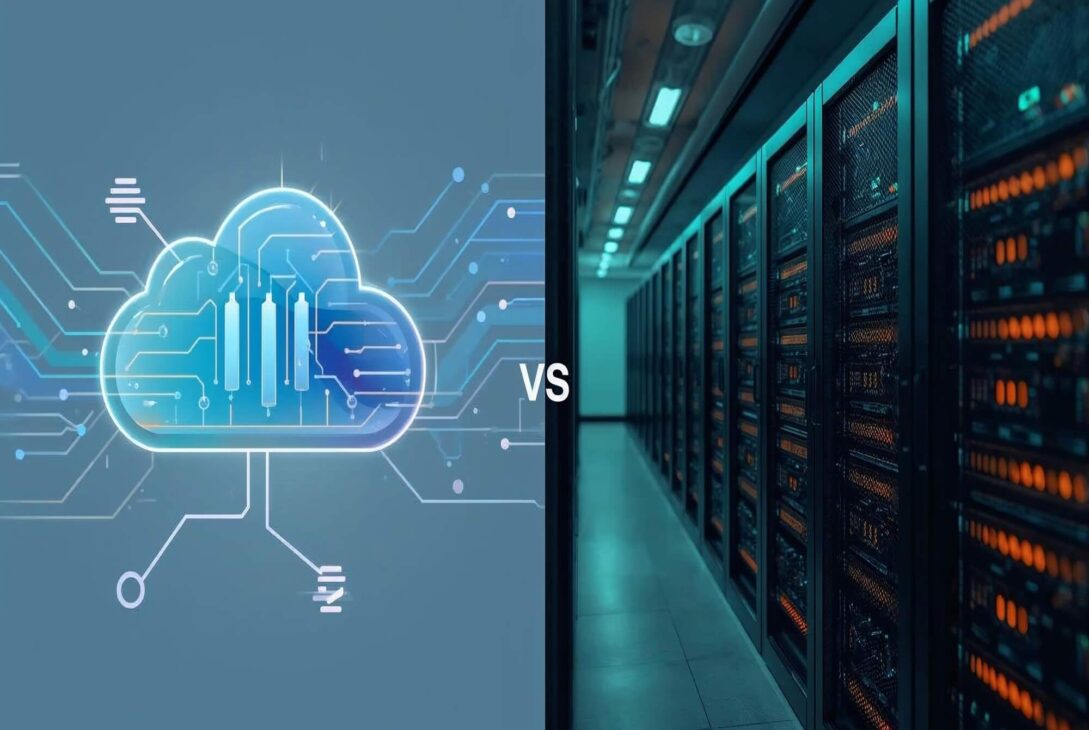 Side-by-side comparison diagram of a single traditional server versus a network of interconnected cloud servers.