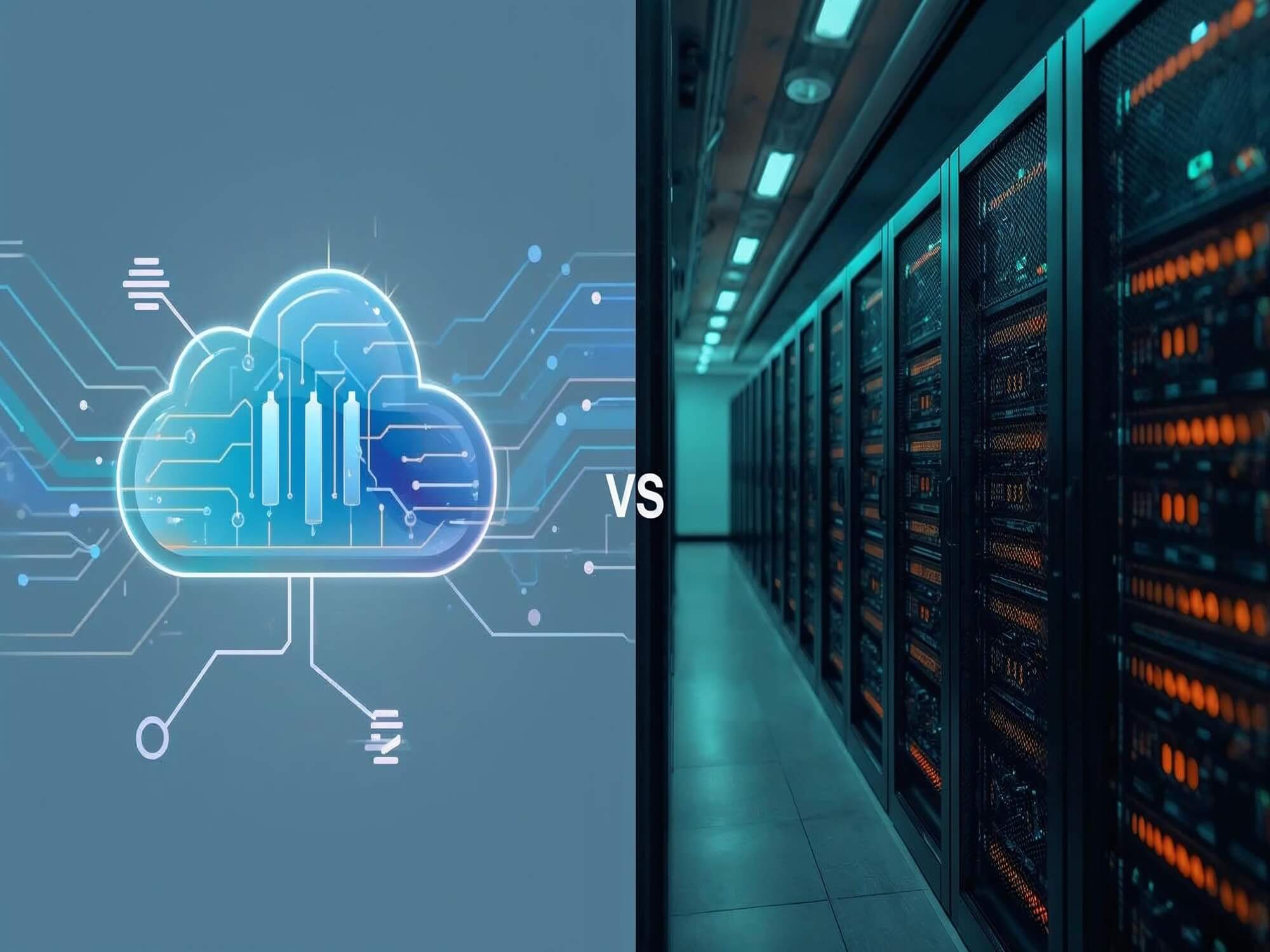 Side-by-side comparison diagram of a single traditional server versus a network of interconnected cloud servers.