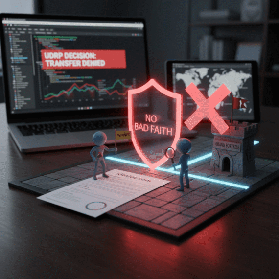 Stylized digital scene representing the Ideatec UDRP Case: A "Brand Fortress" on a desk is surrounded by red "cybersquatter" figures, while UDRP figures review the boundary of the domain (e.g., ).