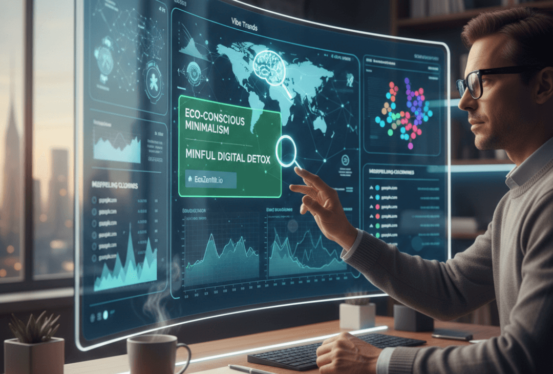 A man in glasses pointing at a transparent holographic screen displaying data visualizations related to "Vibe Trends" like "Eco-Conscious Minimalism" and "Mindful Digital Detox," alongside graphs, maps, and lists of misspelled domains.