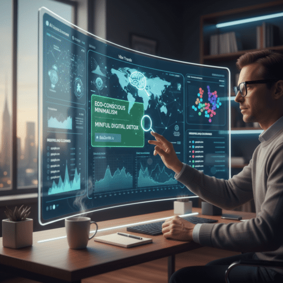 A man in glasses pointing at a transparent holographic screen displaying data visualizations related to "Vibe Trends" like "Eco-Conscious Minimalism" and "Mindful Digital Detox," alongside graphs, maps, and lists of misspelled domains.