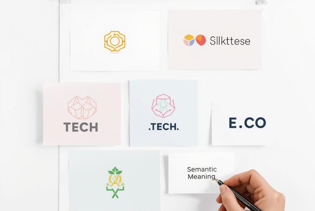 A collection of minimalist brand logos and corresponding brandable domain trends on a mood board.