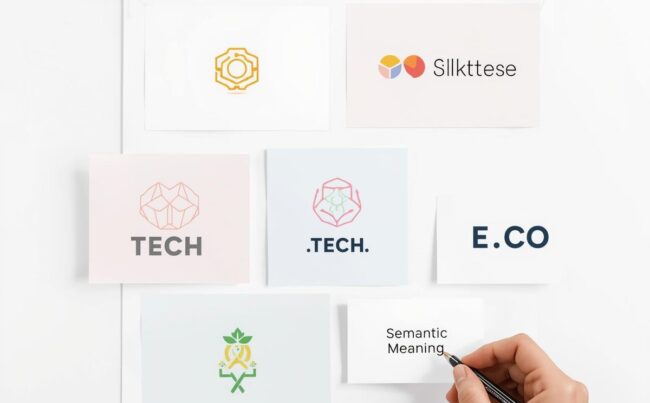 A collection of minimalist brand logos and corresponding brandable domain trends on a mood board.