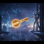 A glowing golden key representing the AI.com sale being passed between a child and a digital giant.