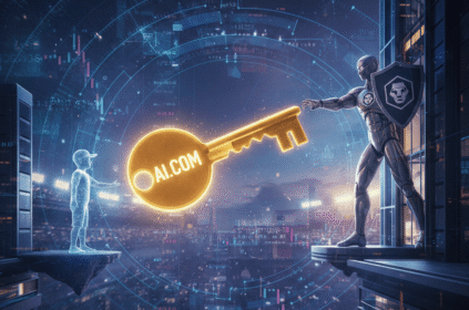 A glowing golden key representing the AI.com sale being passed between a child and a digital giant.