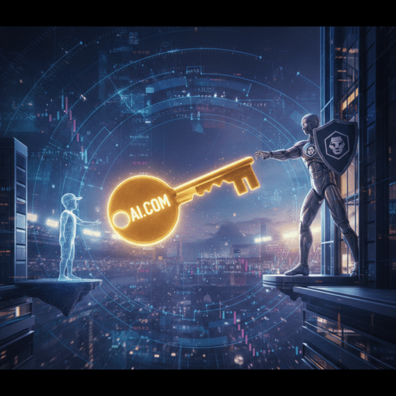 A glowing golden key representing the AI.com sale being passed between a child and a digital giant.