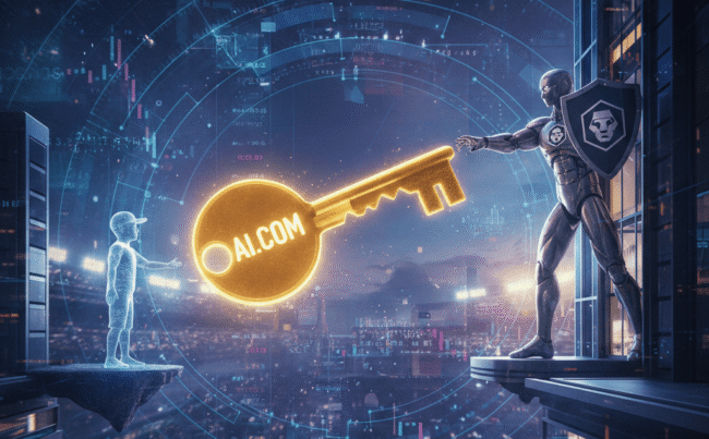 A glowing golden key representing the AI.com sale being passed between a child and a digital giant.