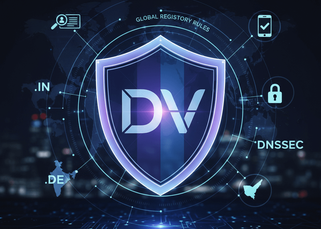 A digital security shield representing domain verification changes and global registry rules.