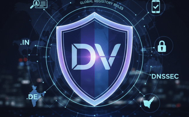 A digital security shield representing domain verification changes and global registry rules.