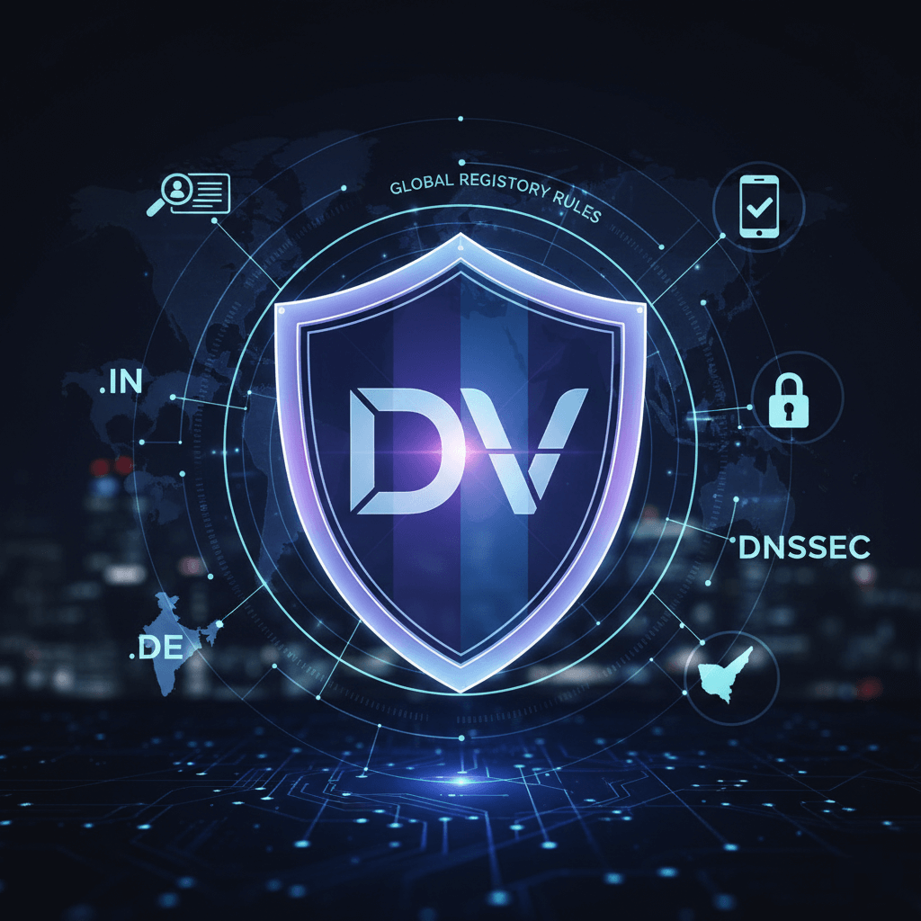 A digital security shield representing domain verification changes and global registry rules.