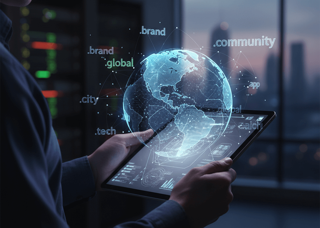 A person holding a digital tablet showing a globe with various new domain extensions like .tech and .store.