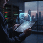 A person holding a digital tablet showing a globe with various new domain extensions like .tech and .store.