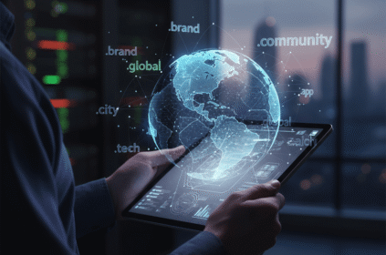 A person holding a digital tablet showing a globe with various new domain extensions like .tech and .store.