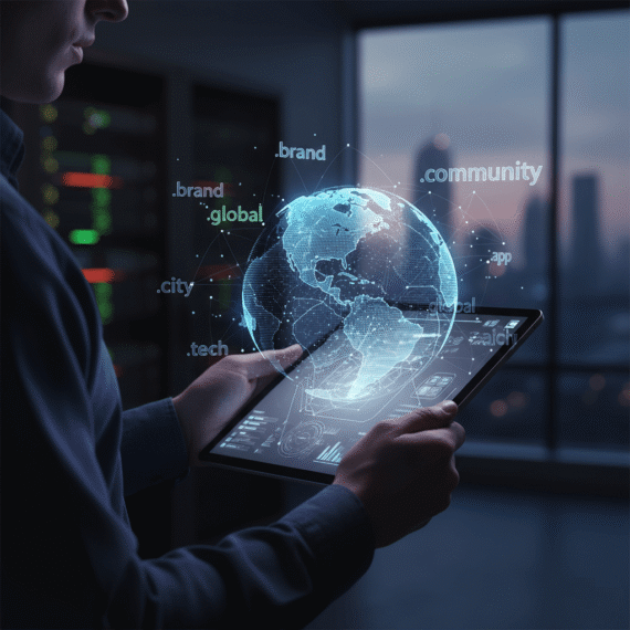 A person holding a digital tablet showing a globe with various new domain extensions like .tech and .store.