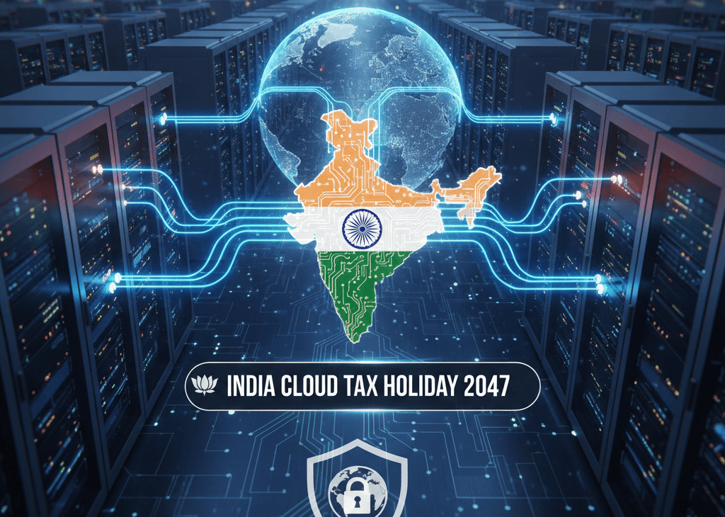A digital server room symbolizing the India cloud tax holiday and global data sovereignty.