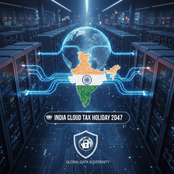 A digital server room symbolizing the India cloud tax holiday and global data sovereignty.