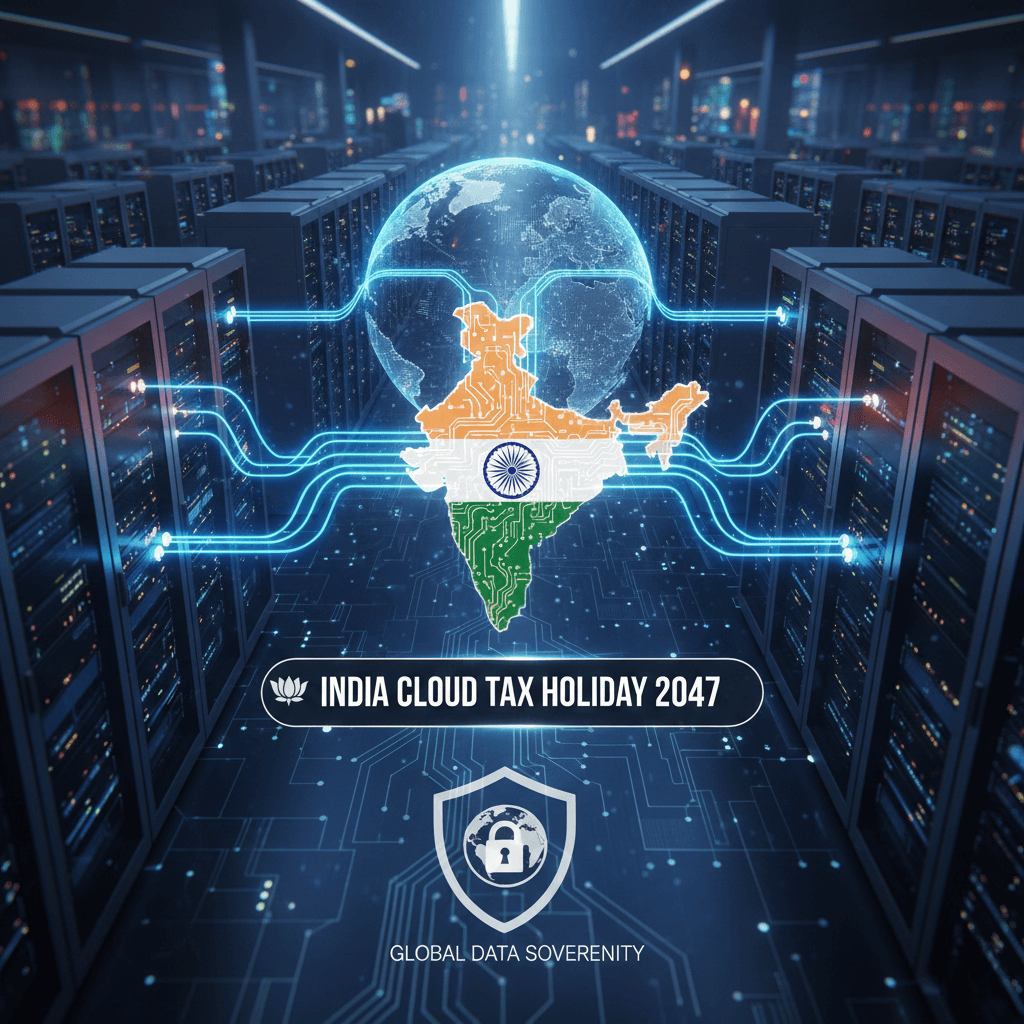 A digital server room symbolizing the India cloud tax holiday and global data sovereignty.
