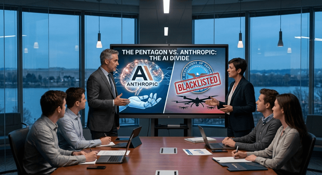Discussion on Pentagon’s Anthropic AI blacklist, visualizing the clash.