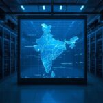 A high-tech data center in India with a digital map of the country glowing on a screen, symbolizing sovereign cloud infrastructure.