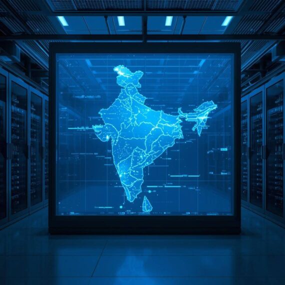 A high-tech data center in India with a digital map of the country glowing on a screen, symbolizing sovereign cloud infrastructure.