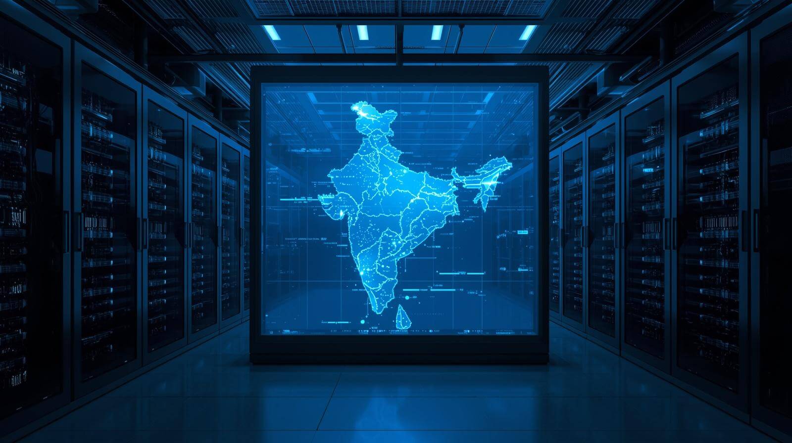 A high-tech data center in India with a digital map of the country glowing on a screen, symbolizing sovereign cloud infrastructure.