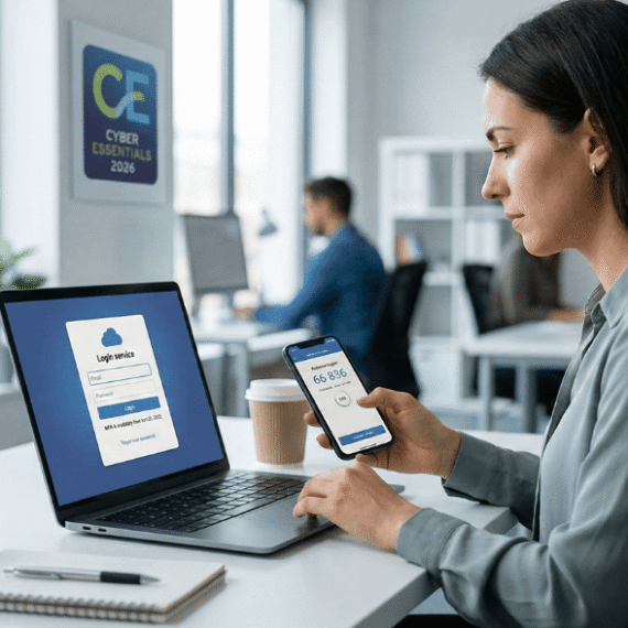 A person setting up multi-factor authentication on a laptop to comply with Cyber Essentials 2026 standards.