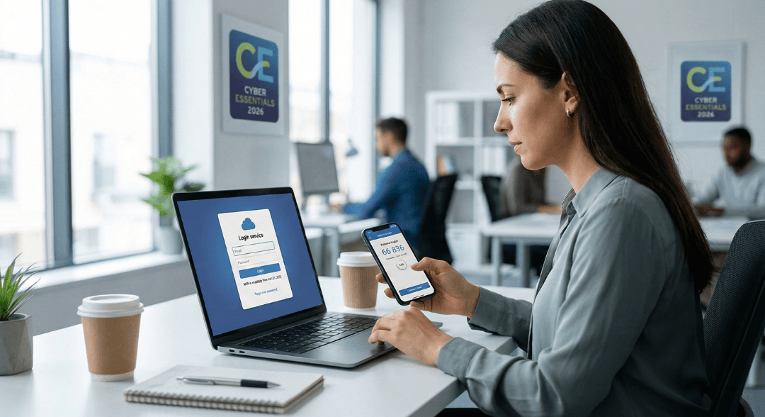 A person setting up multi-factor authentication on a laptop to comply with Cyber Essentials 2026 standards.