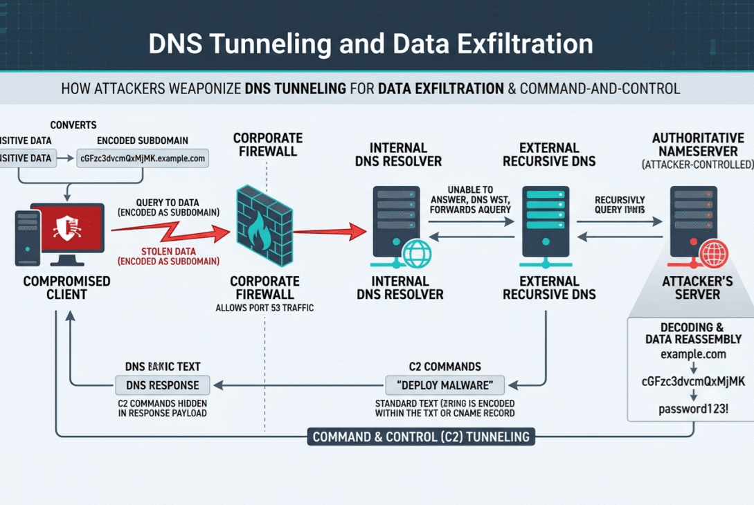Technical chart showing attackers weaponizing dns tunneling to bypass firewalls and steal sensitive data.