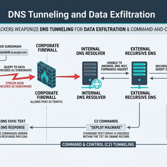 Technical chart showing attackers weaponizing dns tunneling to bypass firewalls and steal sensitive data.