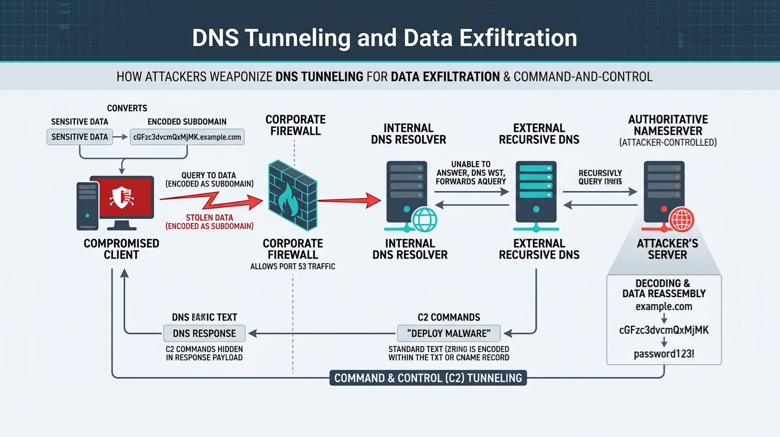 Technical chart showing attackers weaponizing dns tunneling to bypass firewalls and steal sensitive data.