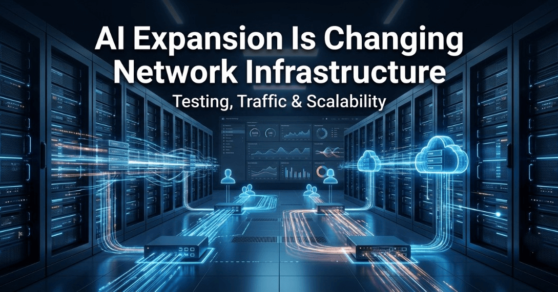 Futuristic data center with glowing blue server racks, cloud infrastructure nodes, data streams, and headline reading "AI Expansion Is Changing Network Infrastructure.
