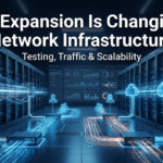 Futuristic data center with glowing blue server racks, cloud infrastructure nodes, data streams, and headline reading "AI Expansion Is Changing Network Infrastructure.