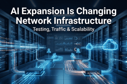 Futuristic data center with glowing blue server racks, cloud infrastructure nodes, data streams, and headline reading "AI Expansion Is Changing Network Infrastructure.