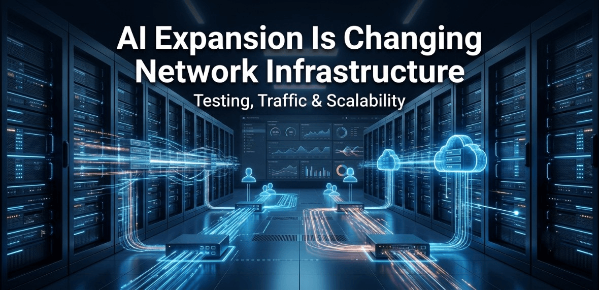 Futuristic data center with glowing blue server racks, cloud infrastructure nodes, data streams, and headline reading "AI Expansion Is Changing Network Infrastructure.