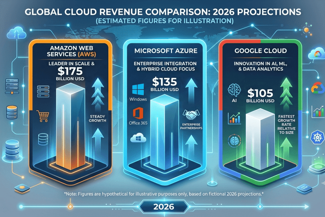 Infographic comparing 2026 projected cloud revenue for AWS ($175B), Microsoft Azure ($135B), and Google Cloud ($105B).